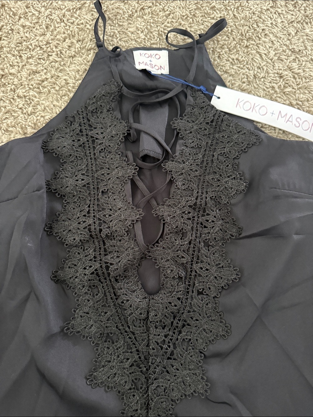 KOKO + MASON Black Lace-Front Halter Camisole - Picture 2 of 3
